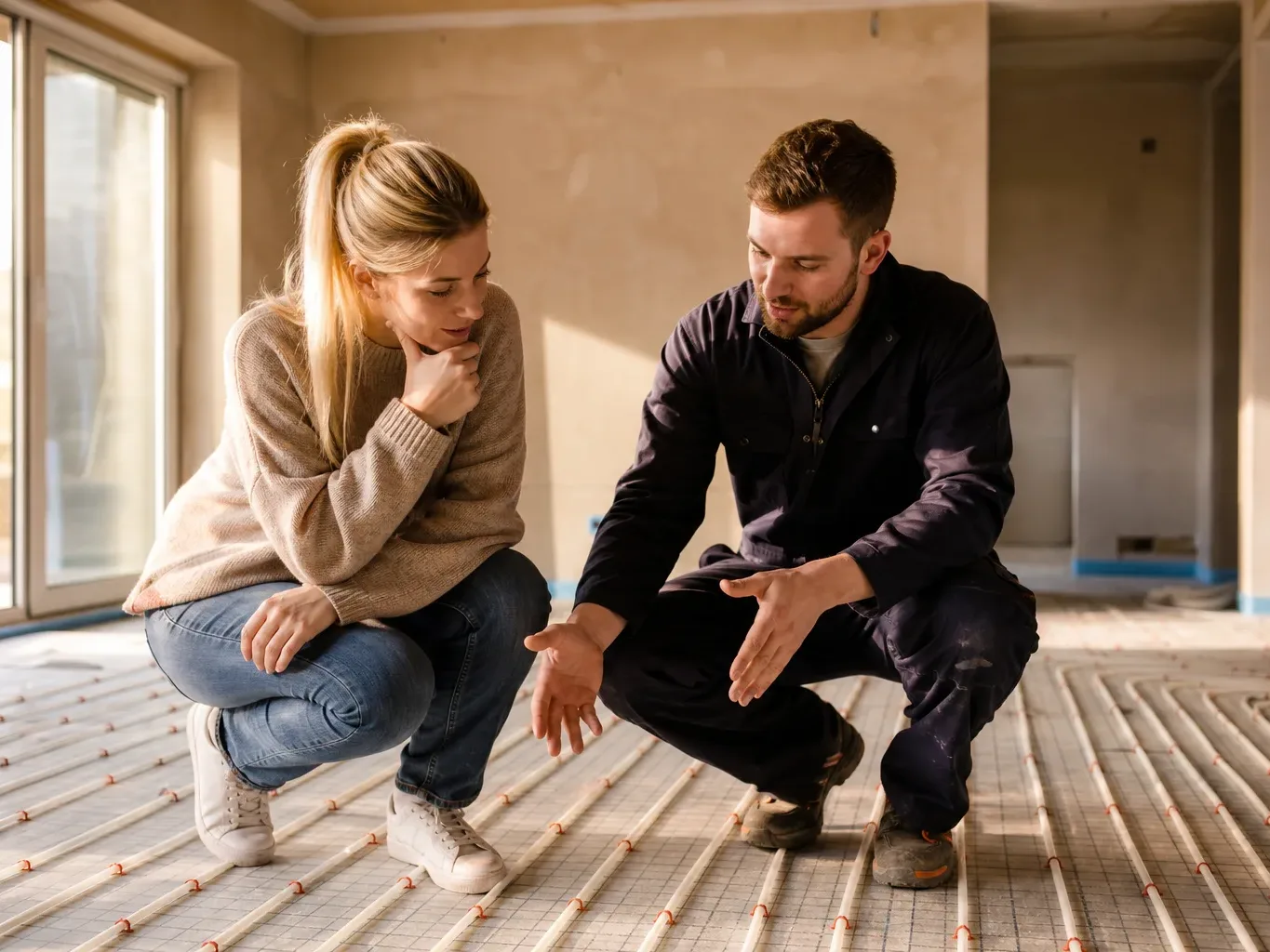 Two people crouch on an unfinished floor with underfloor heating pipes, as one gestures to explain the installation.